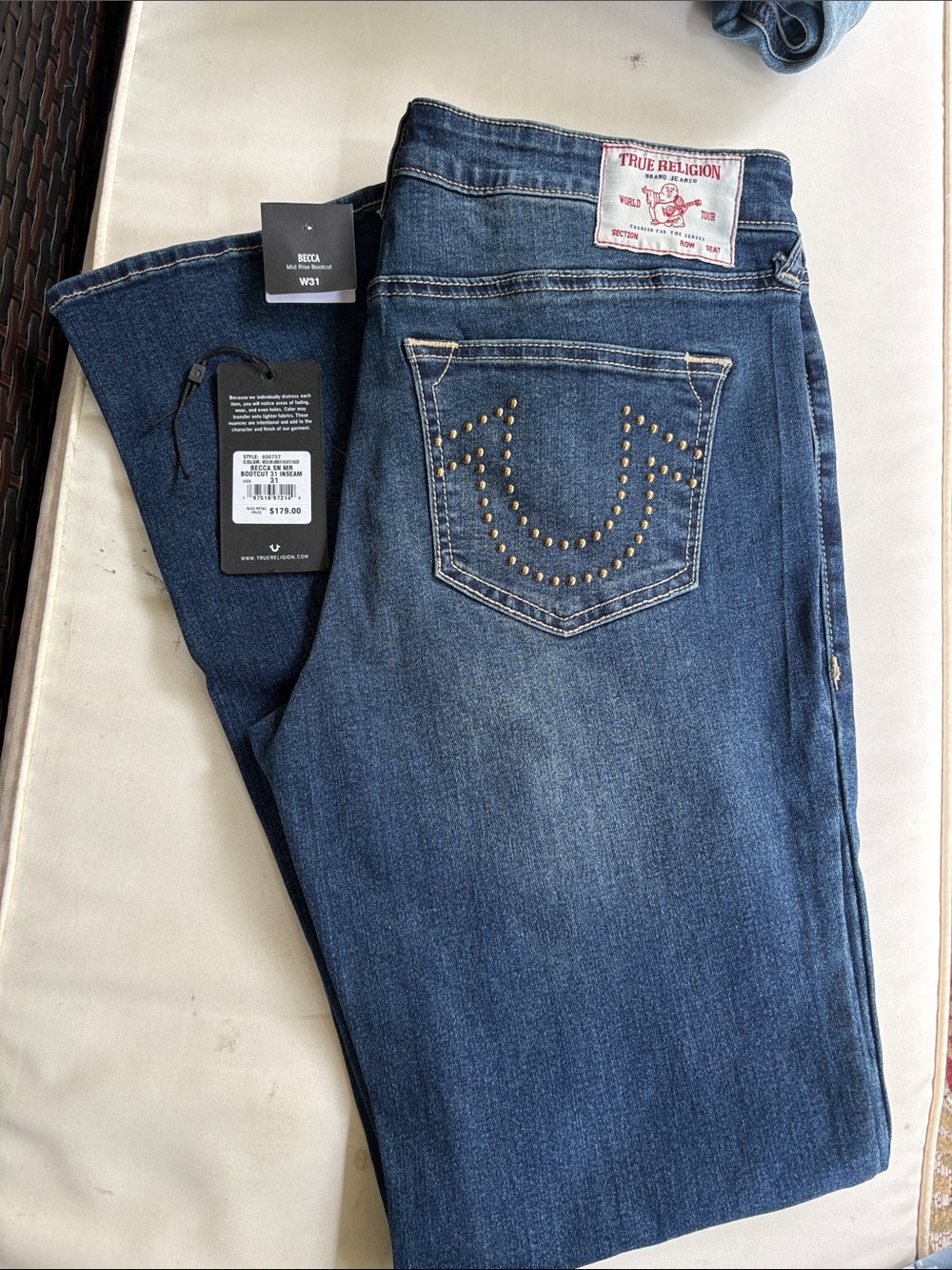 True Religion Women's Bootcut Jeans with Studded Back Pocket in Blue
